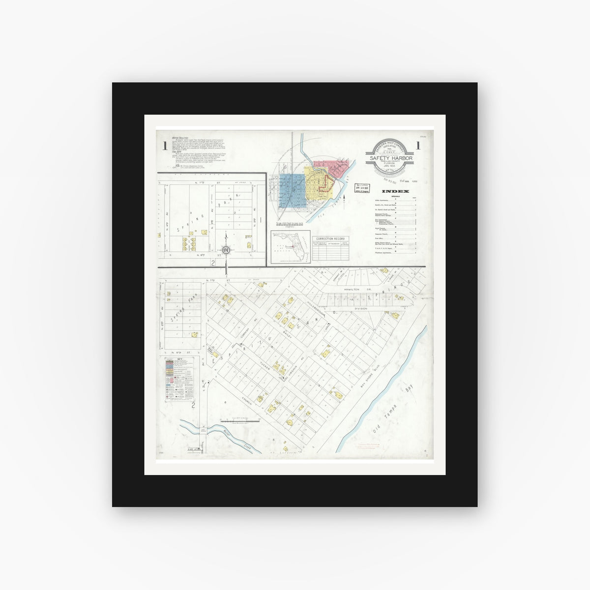 Old map wall art mockup — black gallery frame with white mat — Sanborn Fire Insurance Map from Safety Harbor, Pinellas County, Florida (1933) - Complete Map Set