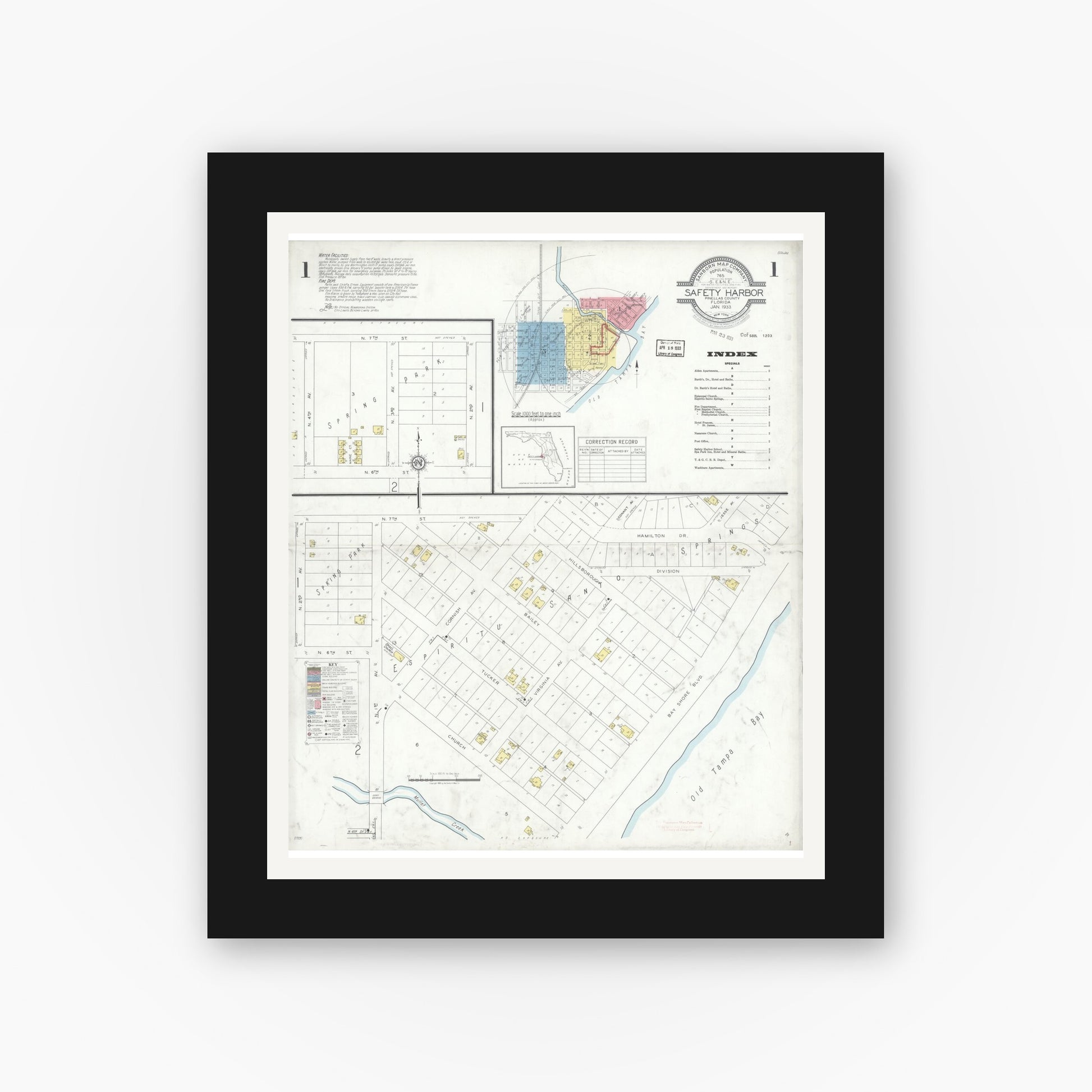 Old map wall art mockup — black gallery frame with white mat — Sanborn Fire Insurance Map from Safety Harbor, Pinellas County, Florida (1933) - Complete Map Set