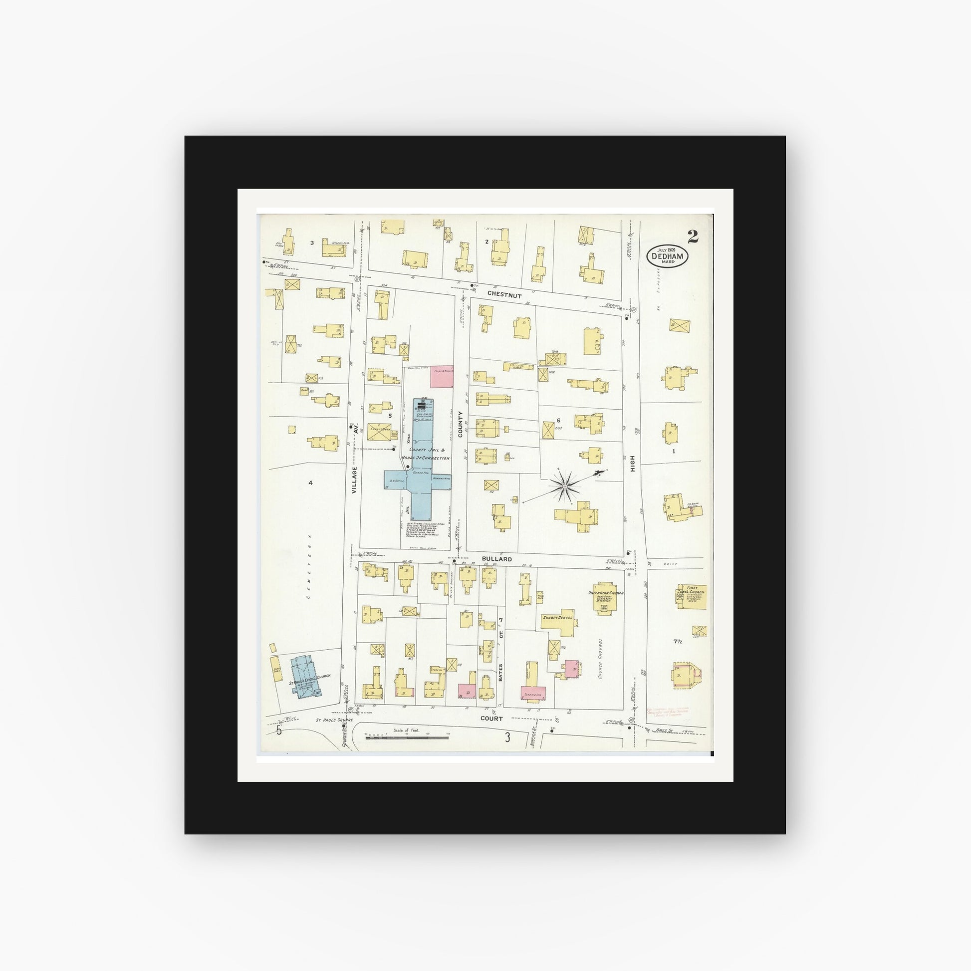Old map wall art mockup — black gallery frame with white mat — Sanborn Fire Insurance Map from Dedham, Norfolk County, Massachusetts (1909), Sheet #0002