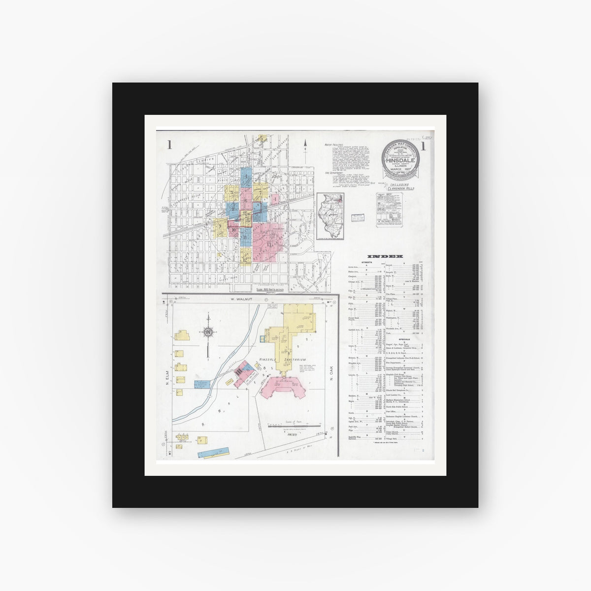 Old map wall art mockup — black gallery frame with white mat — Sanborn Fire Insurance Map from Hinsdale, Du Page And Cook Counties, Illinois (1927) - Complete Map Set