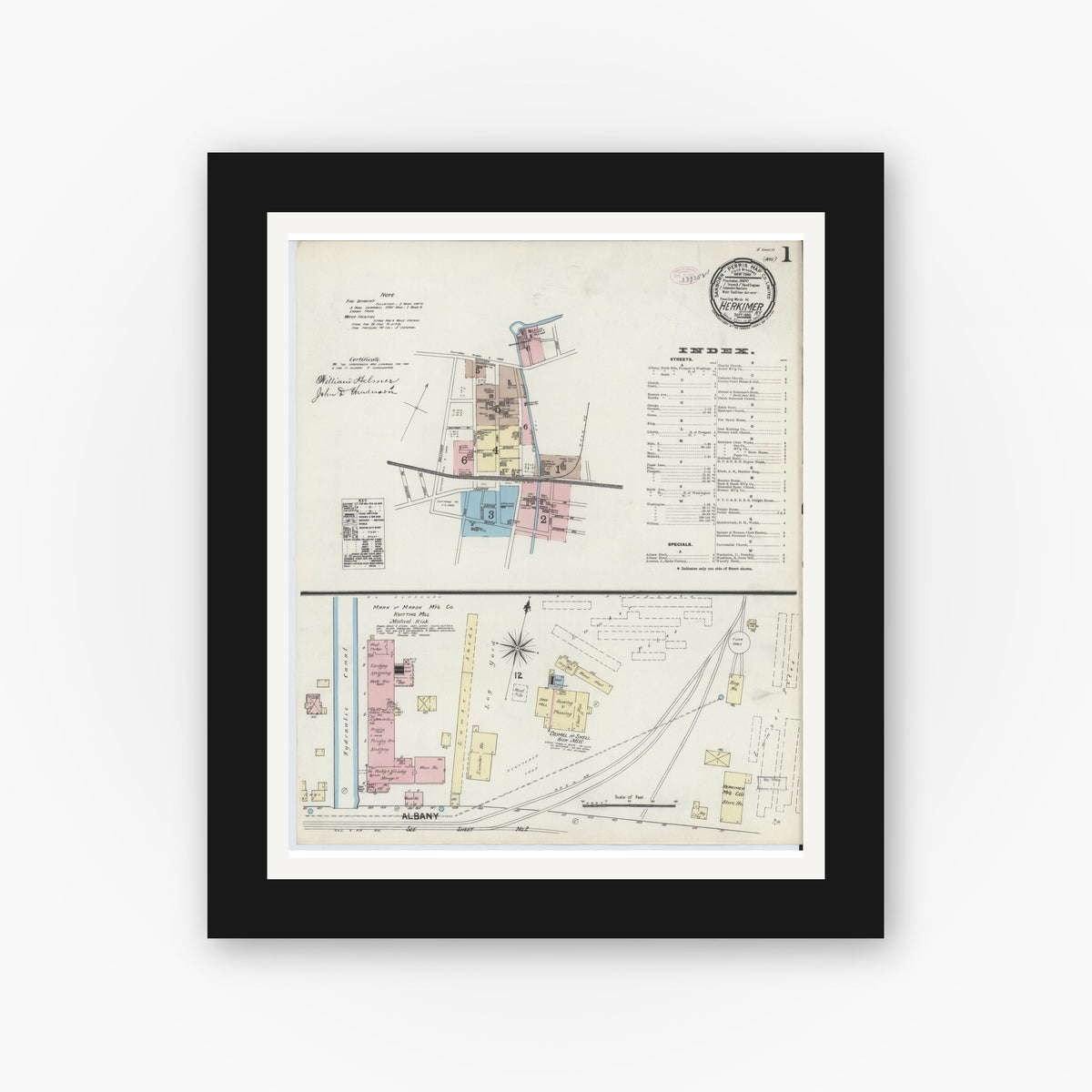 Old map wall art mockup — black gallery frame with white mat — Sanborn Fire Insurance Map from Herkimer, Herkimer County, New York (1890) - Complete Map Set