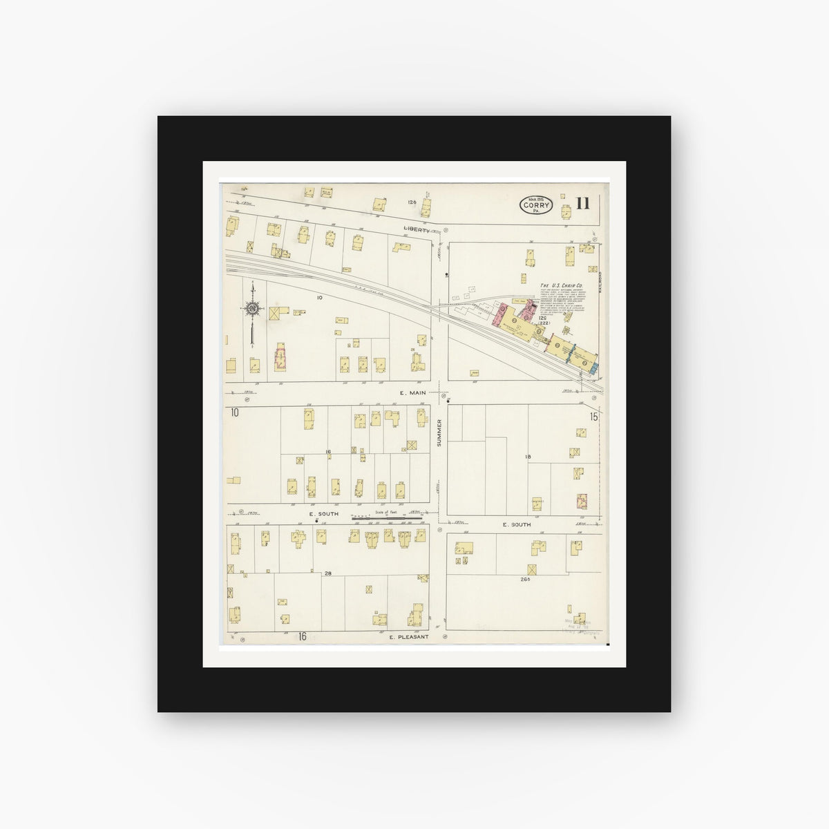 Old map wall art mockup — black gallery frame with white mat — Sanborn Fire Insurance Map from Corry, Erie County, Pennsylvania (1915), Sheet #0011