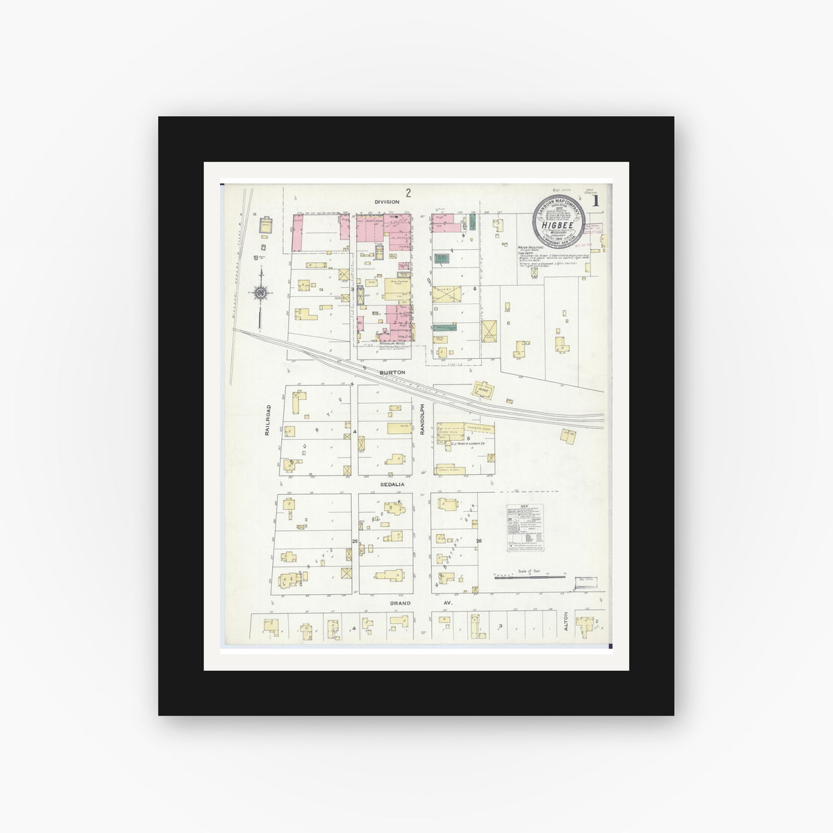 Old map wall art mockup — black gallery frame with white mat — Sanborn Fire Insurance Map from Higbee, Randolph County, Missouri (1910), Sheet #0001