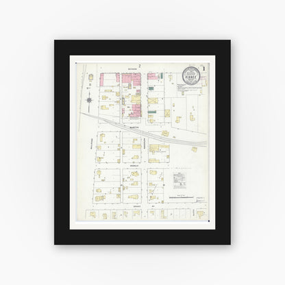 Old map wall art mockup — black gallery frame with white mat — Sanborn Fire Insurance Map from Higbee, Randolph County, Missouri (1910), Sheet #0001