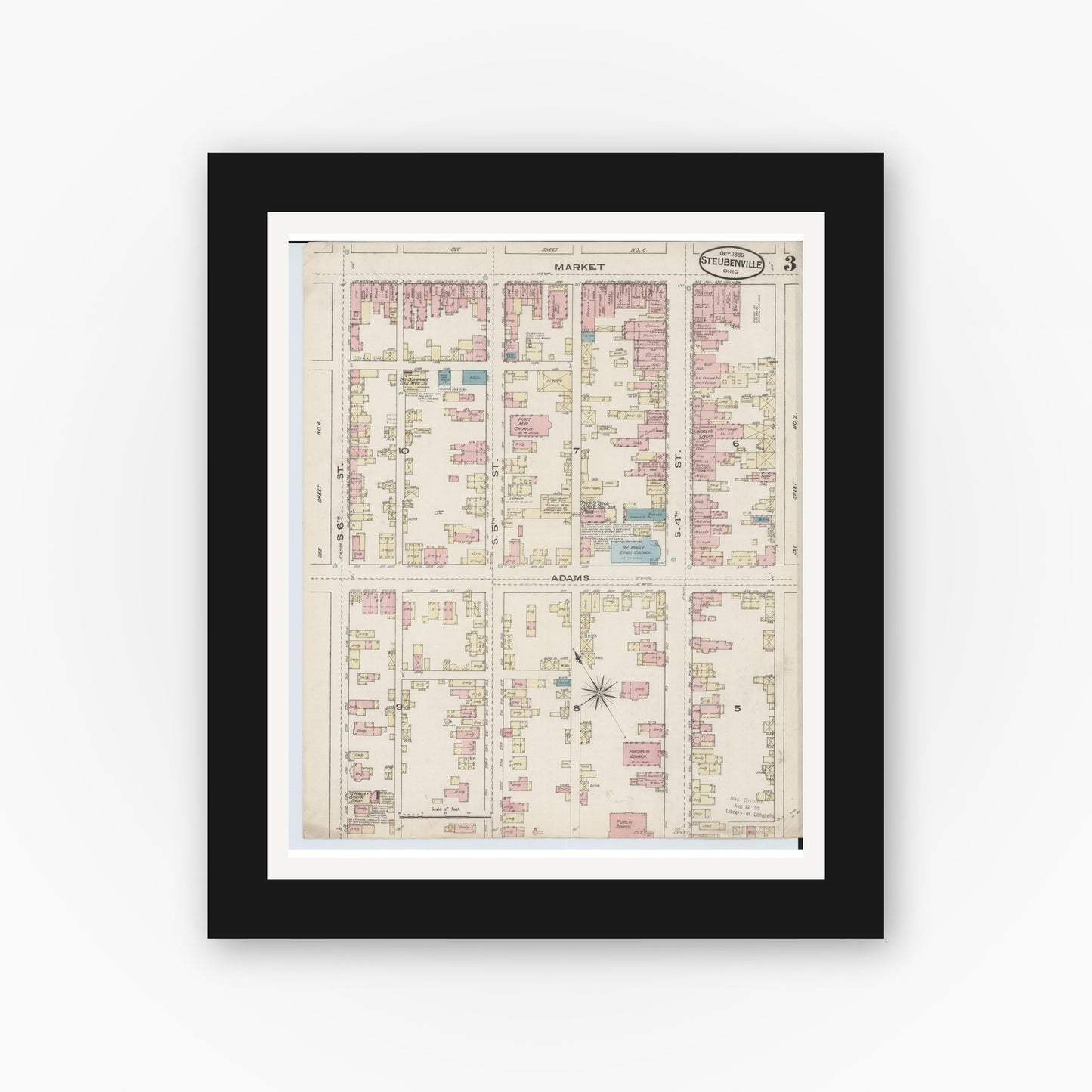 Old map wall art mockup — black gallery frame with white mat — Sanborn Fire Insurance Map from Steubenville, Jefferson County, Ohio (1885), Sheet #0003