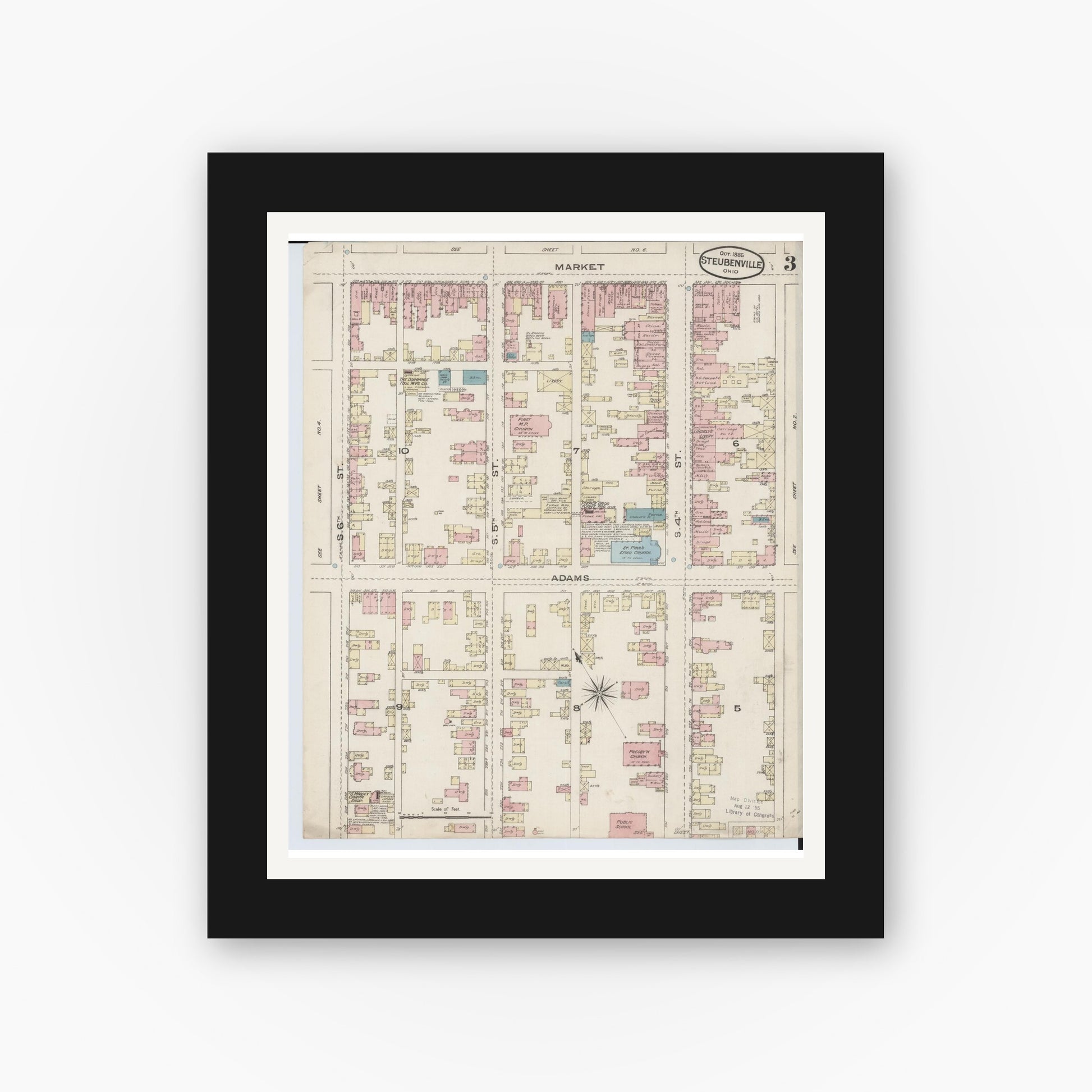 Old map wall art mockup — black gallery frame with white mat — Sanborn Fire Insurance Map from Steubenville, Jefferson County, Ohio (1885), Sheet #0003