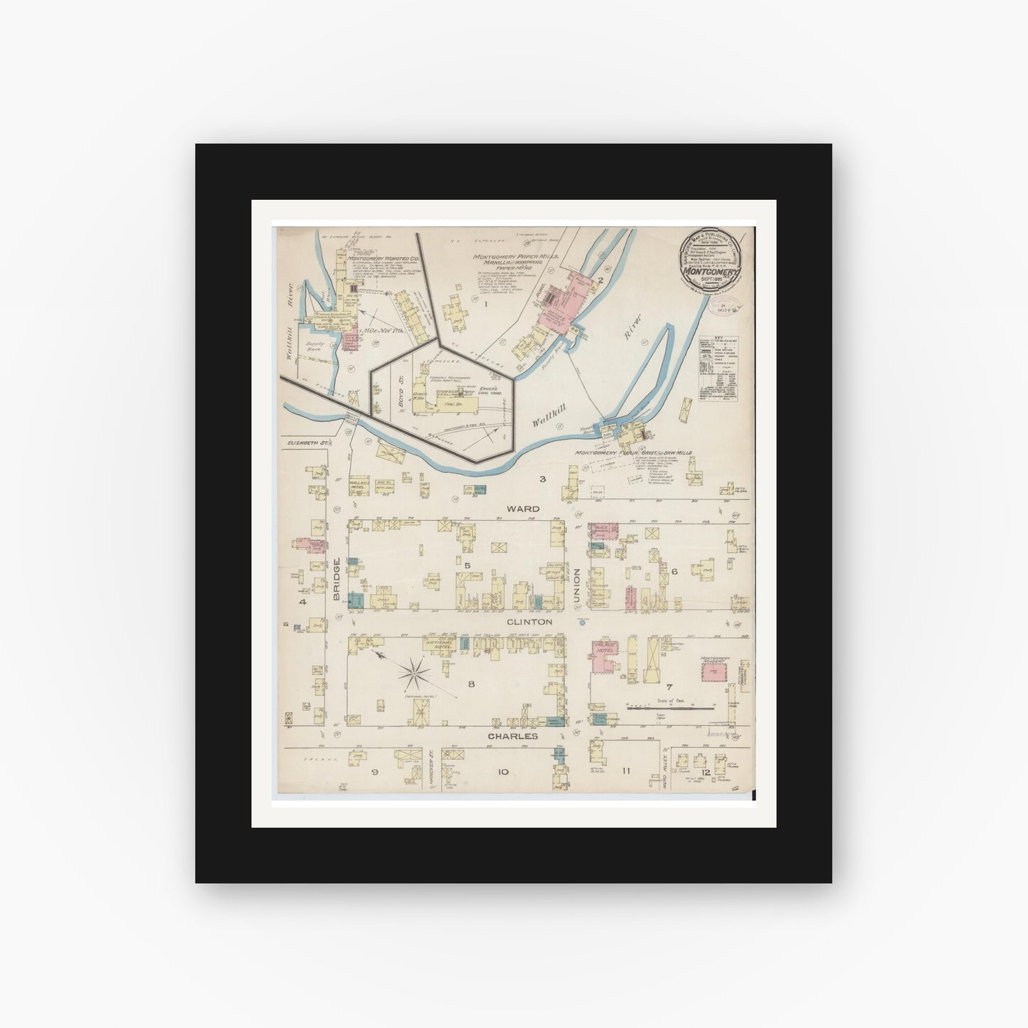 Old map wall art mockup — black gallery frame with white mat — Sanborn Fire Insurance Map from Montgomery, Orange County, New York (1885), Sheet #0001