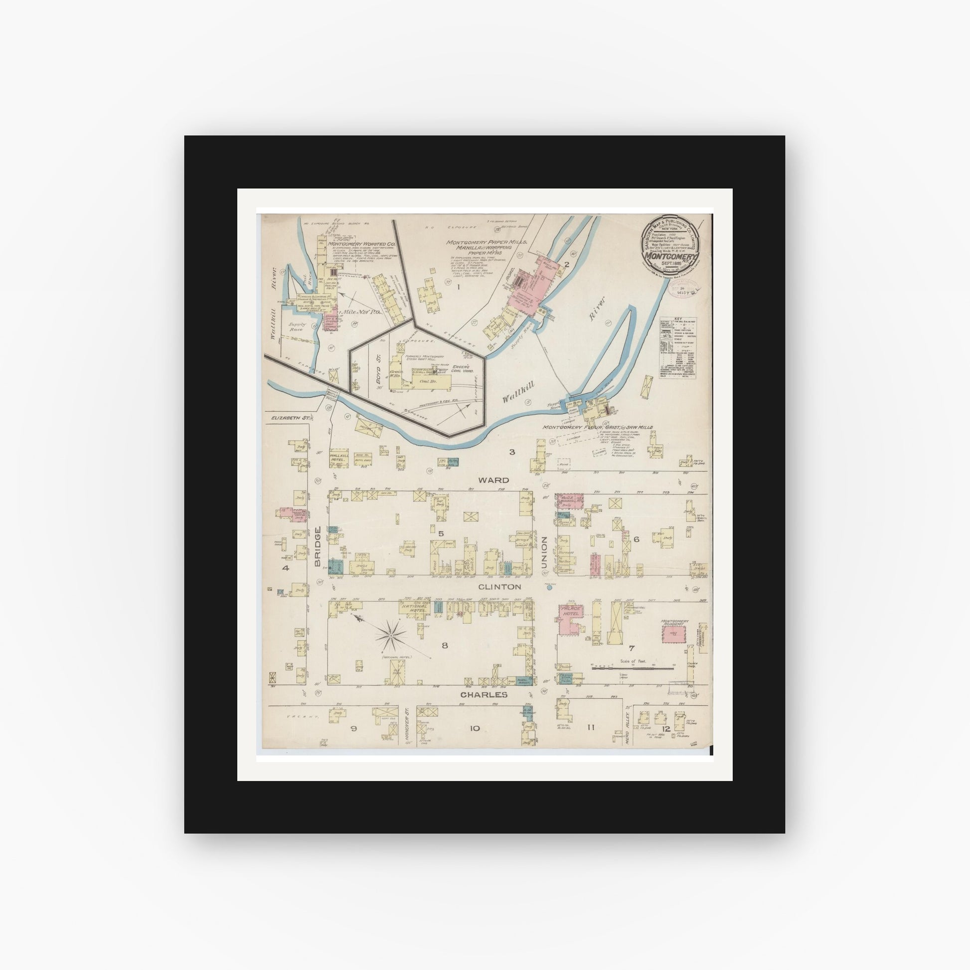 Old map wall art mockup — black gallery frame with white mat — Sanborn Fire Insurance Map from Montgomery, Orange County, New York (1885), Sheet #0001
