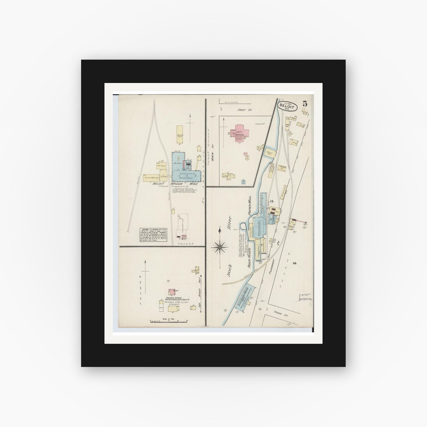Old map wall art mockup — black gallery frame with white mat — Sanborn Fire Insurance Map from Beloit, Rock County, Wisconsin (1884), Sheet #0005