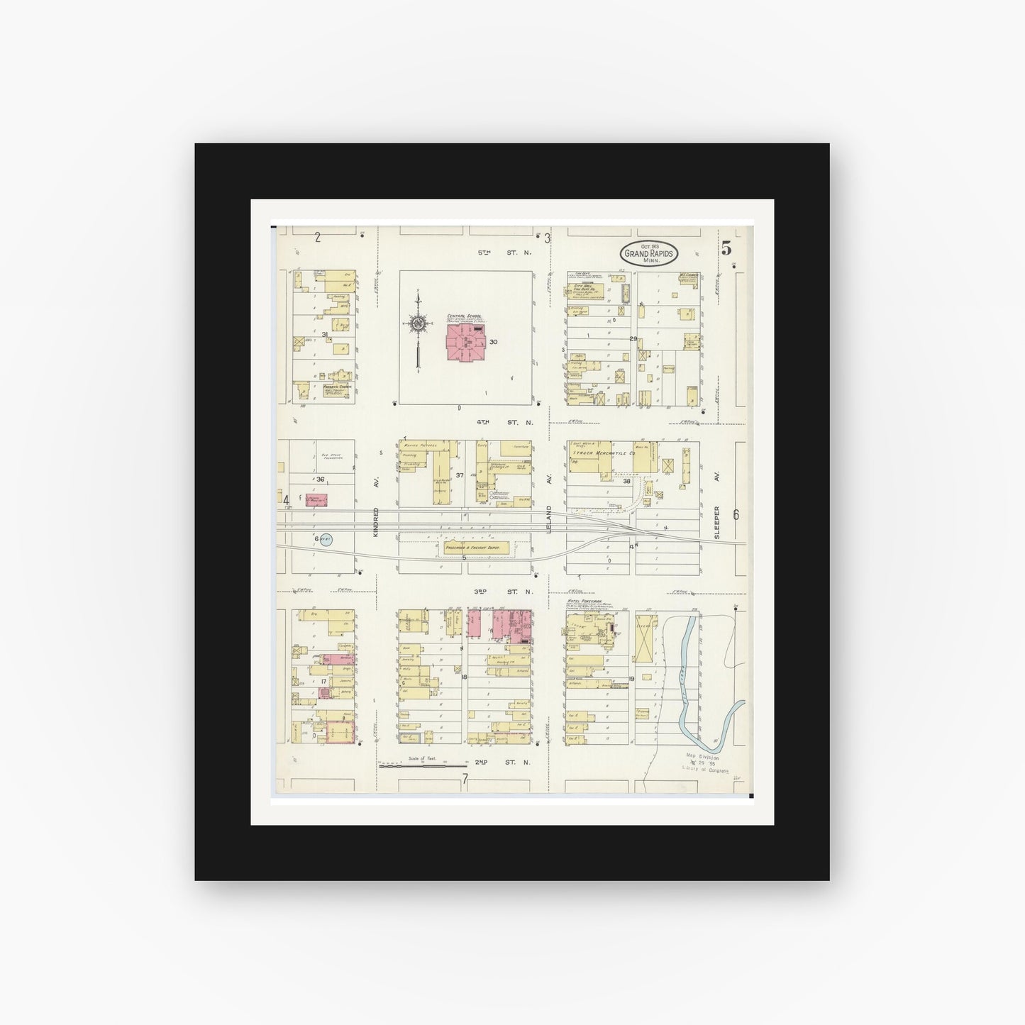 Old map wall art mockup — black gallery frame with white mat — Sanborn Fire Insurance Map from Grand Rapids, Itasca County, Minnesota (1913), Sheet #0005