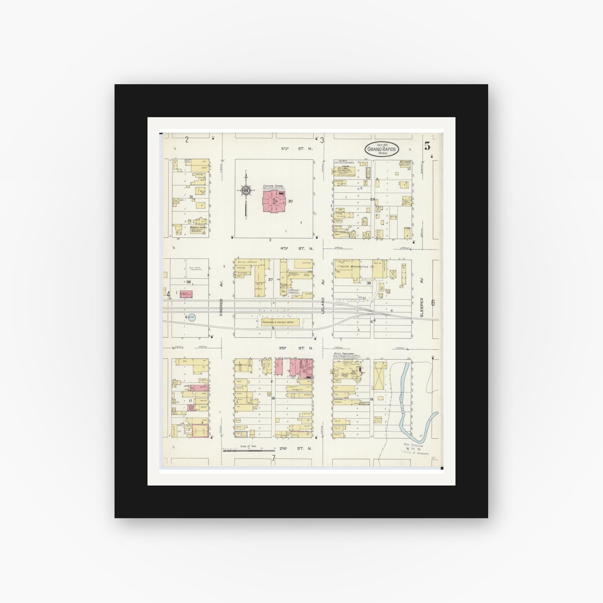 Old map wall art mockup — black gallery frame with white mat — Sanborn Fire Insurance Map from Grand Rapids, Itasca County, Minnesota (1913), Sheet #0005
