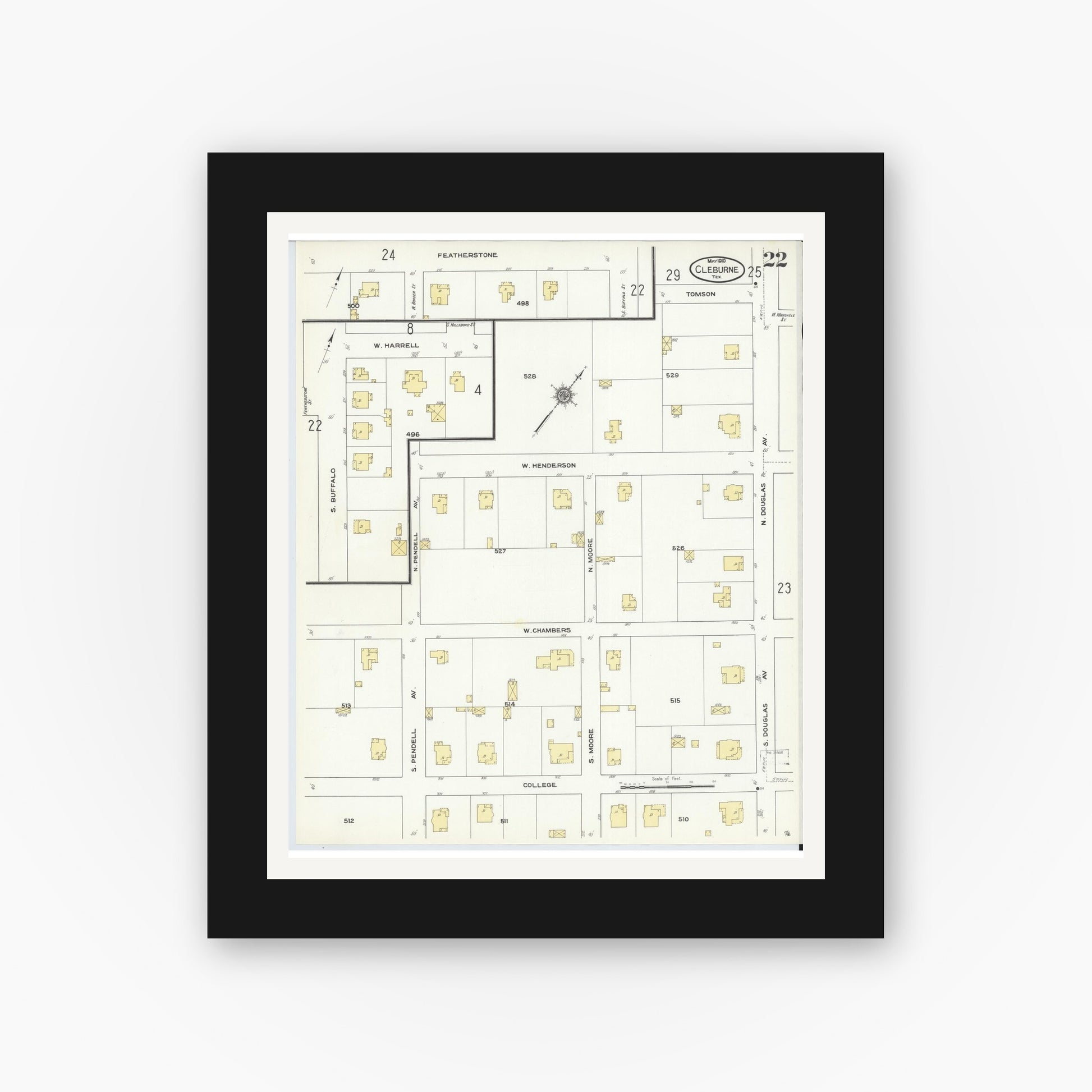 Old map wall art mockup — black gallery frame with white mat — Sanborn Fire Insurance Map from Cleburne, Johnson County, Texas (1910), Sheet #0022