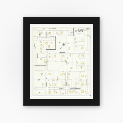 Old map wall art mockup — black gallery frame with white mat — Sanborn Fire Insurance Map from Cleburne, Johnson County, Texas (1910), Sheet #0022