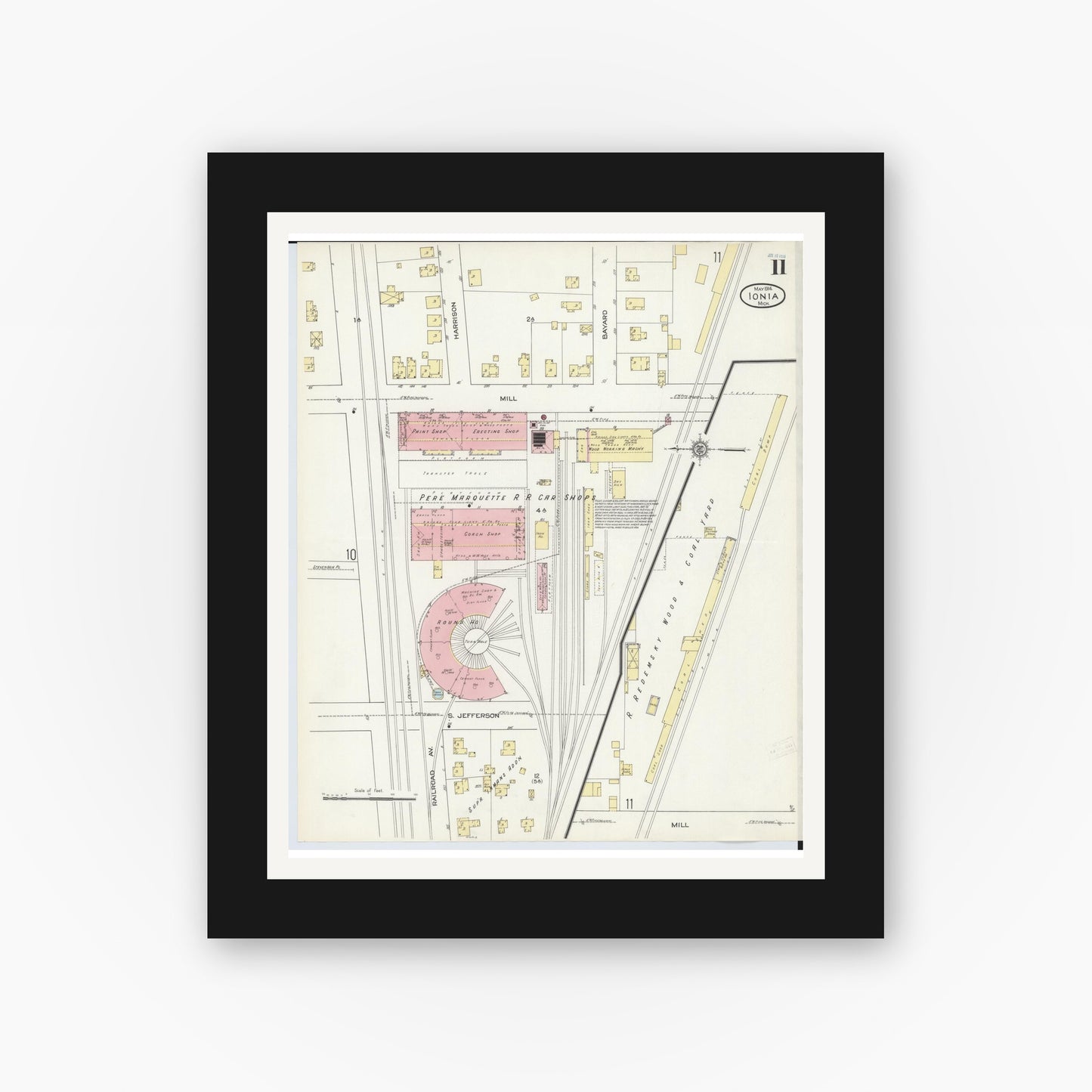 Old map wall art mockup — black gallery frame with white mat — Sanborn Fire Insurance Map from Ionia, Ionia County, Michigan (1914), Sheet #0011
