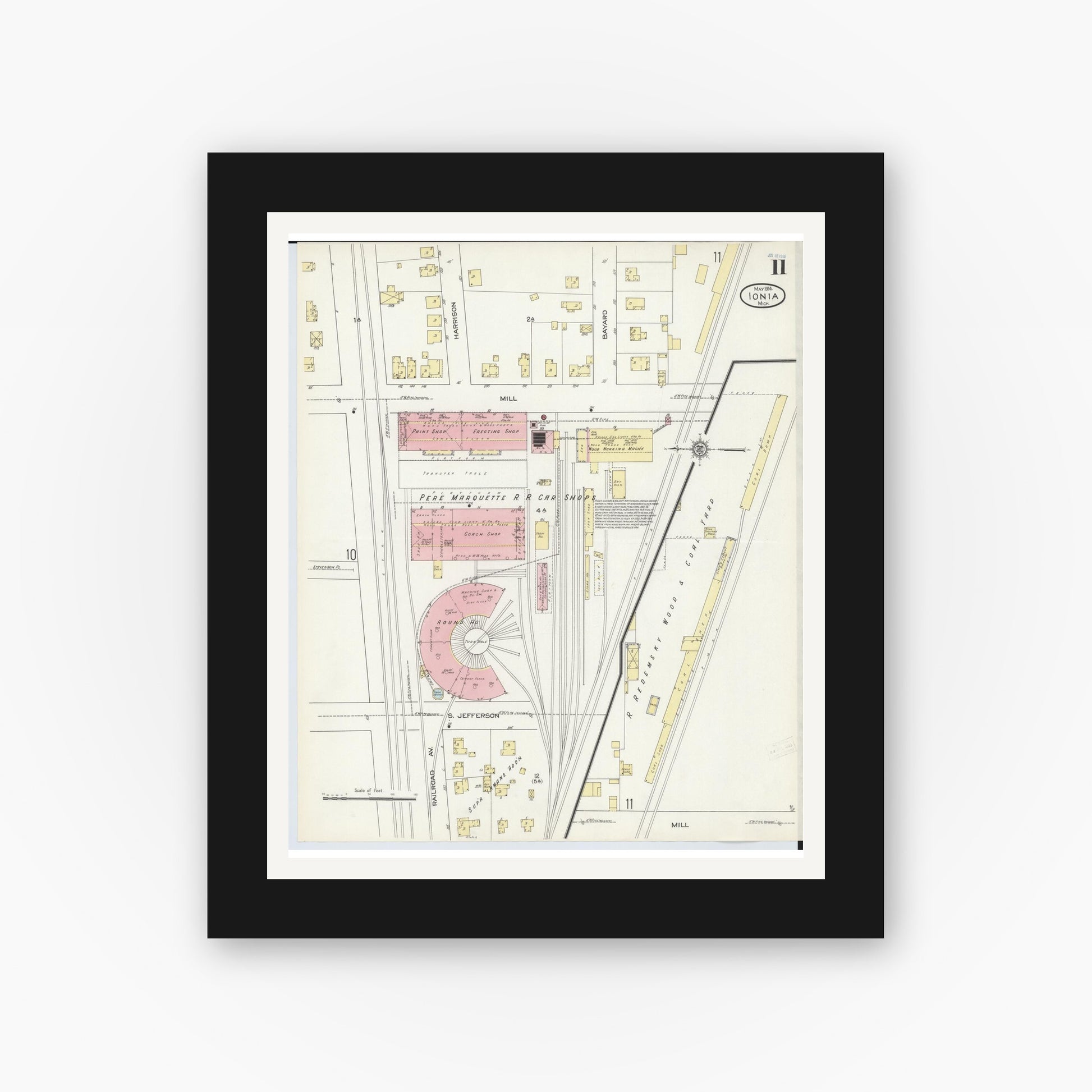 Old map wall art mockup — black gallery frame with white mat — Sanborn Fire Insurance Map from Ionia, Ionia County, Michigan (1914), Sheet #0011