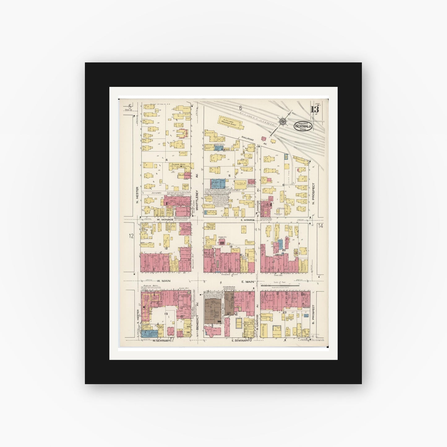 Old map wall art mockup — black gallery frame with white mat — Sanborn Fire Insurance Map from Norwalk, Huron County, Ohio (1922), Sheet #0013