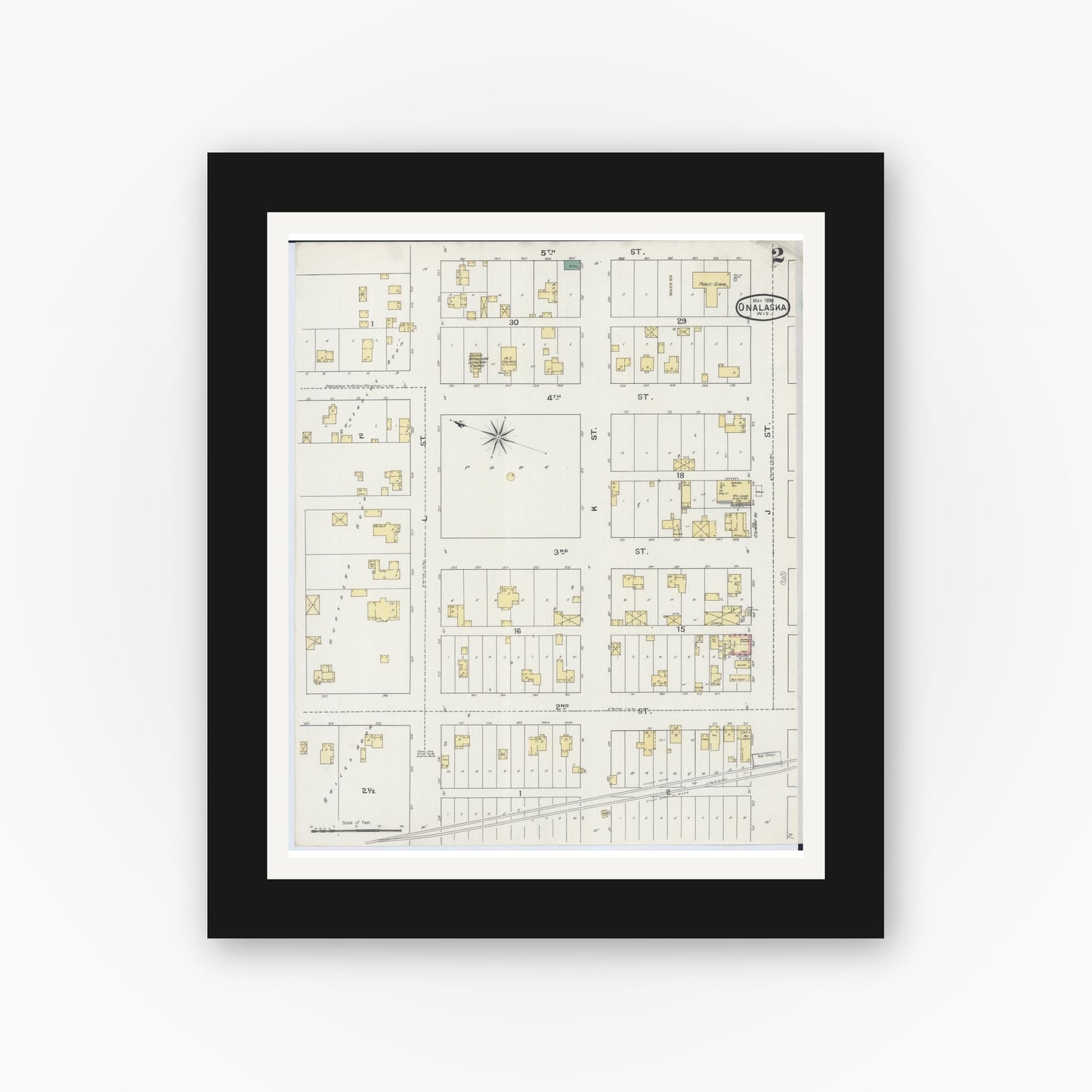 Old map wall art mockup — black gallery frame with white mat — Sanborn Fire Insurance Map from Onalaska, La Crosse County, Wisconsin (1894), Sheet #0002