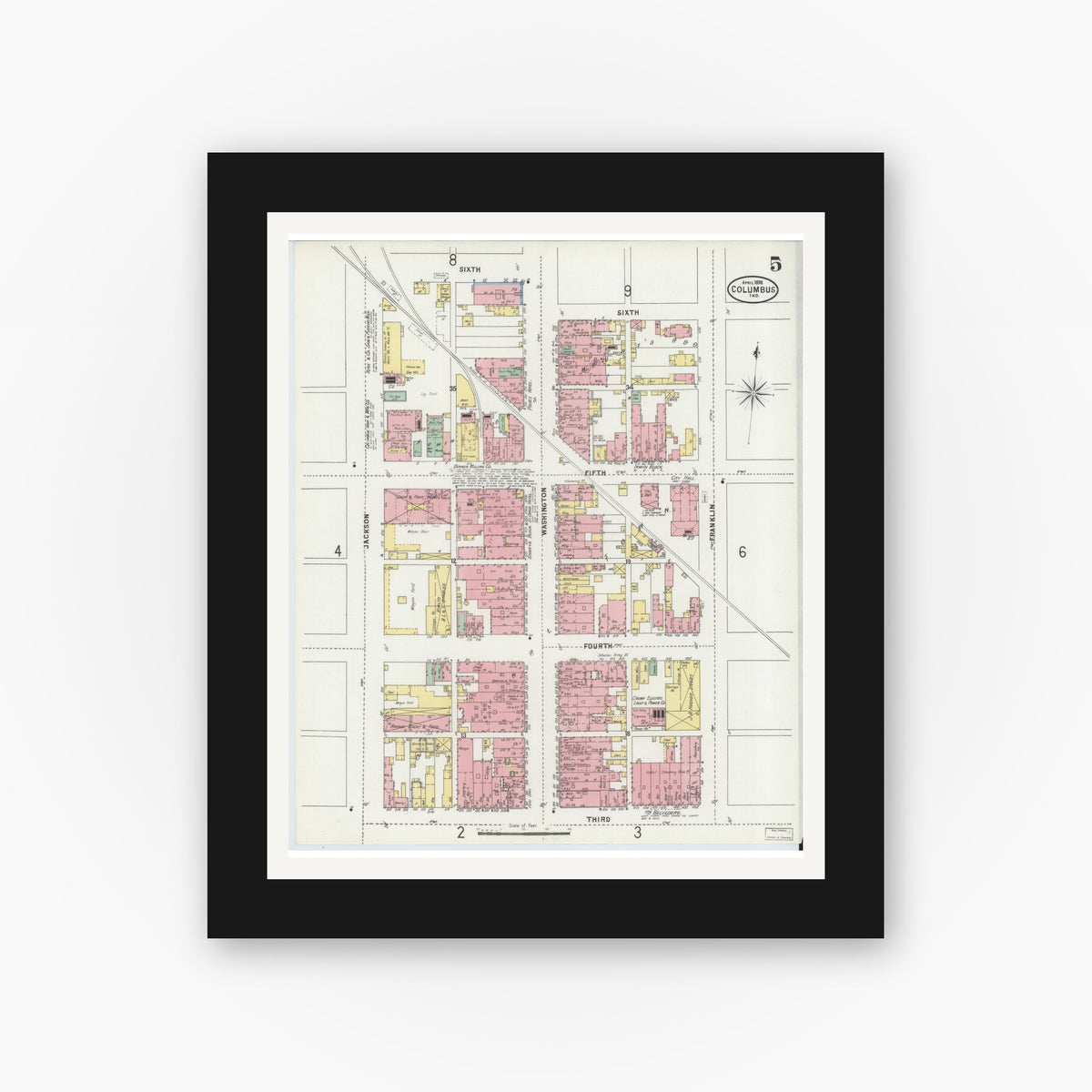Old map wall art mockup — black gallery frame with white mat — Sanborn Fire Insurance Map from Columbus, Bartholomew County, Indiana (1898), Sheet #0005