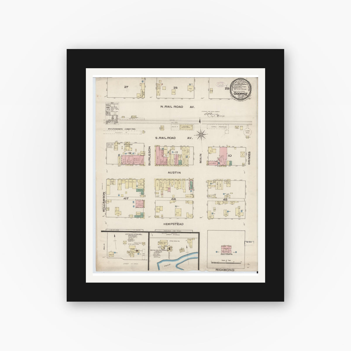 Old map wall art mockup — black gallery frame with white mat — Sanborn Fire Insurance Map from Giddings, Lee County, Texas (1885), Sheet #0001