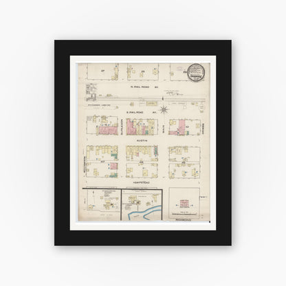 Old map wall art mockup — black gallery frame with white mat — Sanborn Fire Insurance Map from Giddings, Lee County, Texas (1885), Sheet #0001