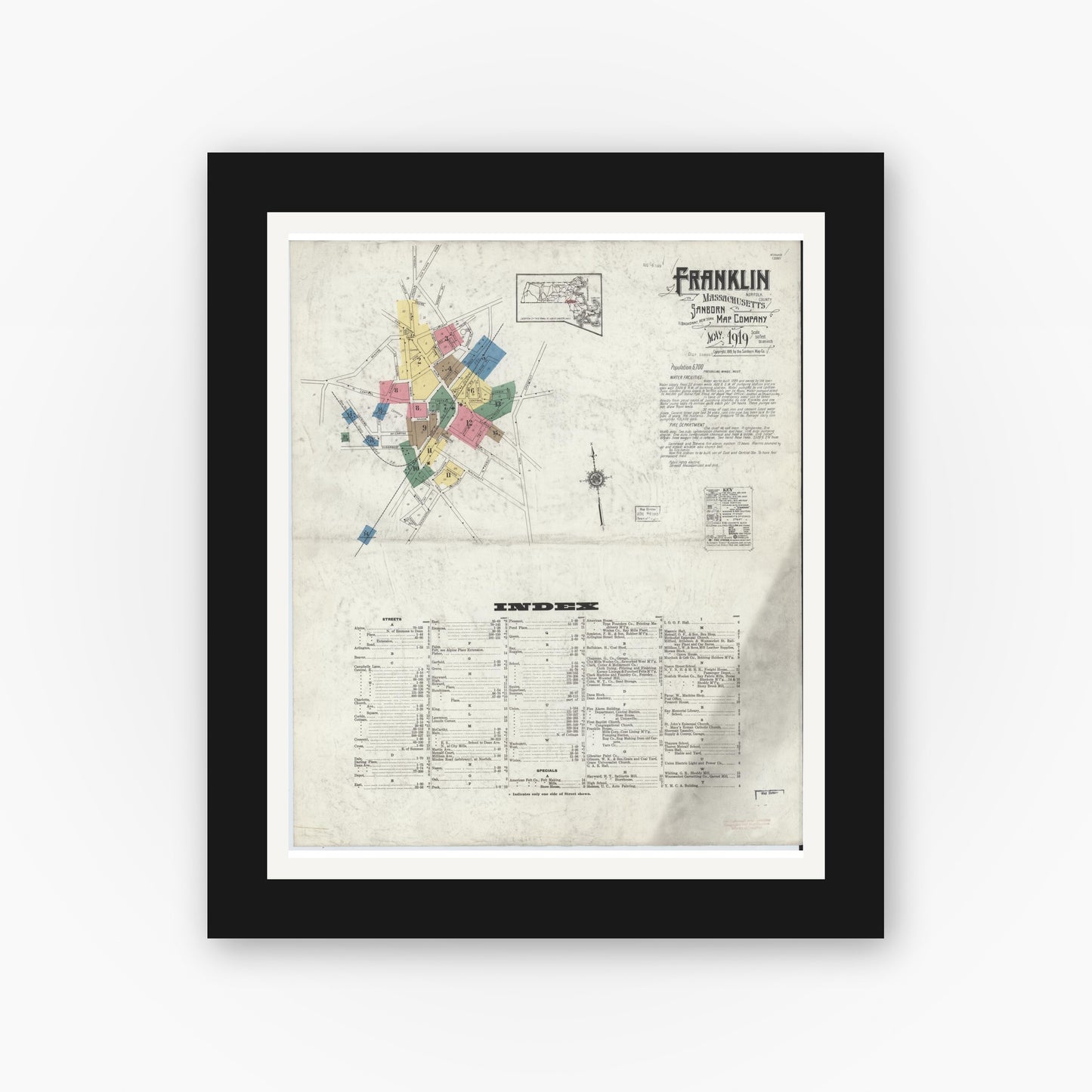 Old map wall art mockup — black gallery frame with white mat — Sanborn Fire Insurance Map from Franklin, Norfolk County, Massachusetts (1919), Sheet #0001
