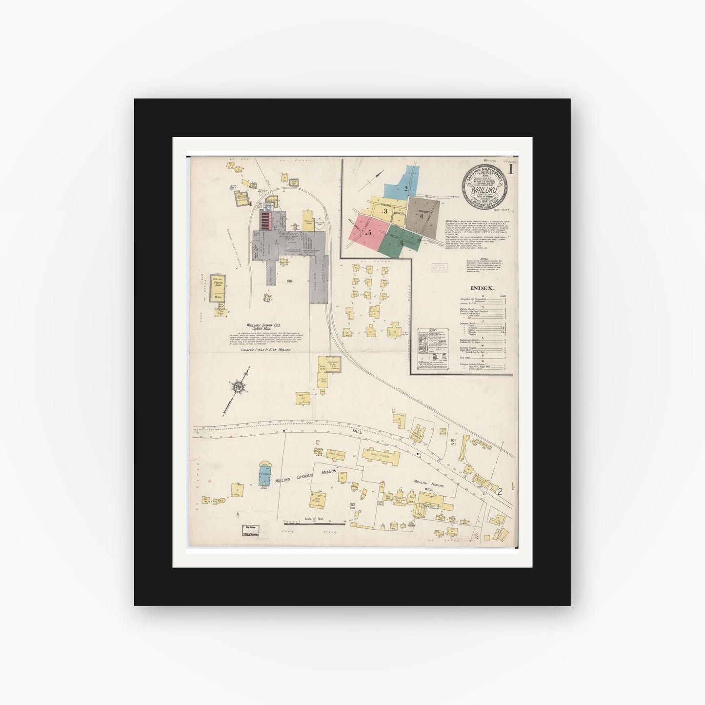 Old map wall art mockup — black gallery frame with white mat — Sanborn Fire Insurance Map from Wailuku, Maui County, Hawaii (1914) - Complete Map Set