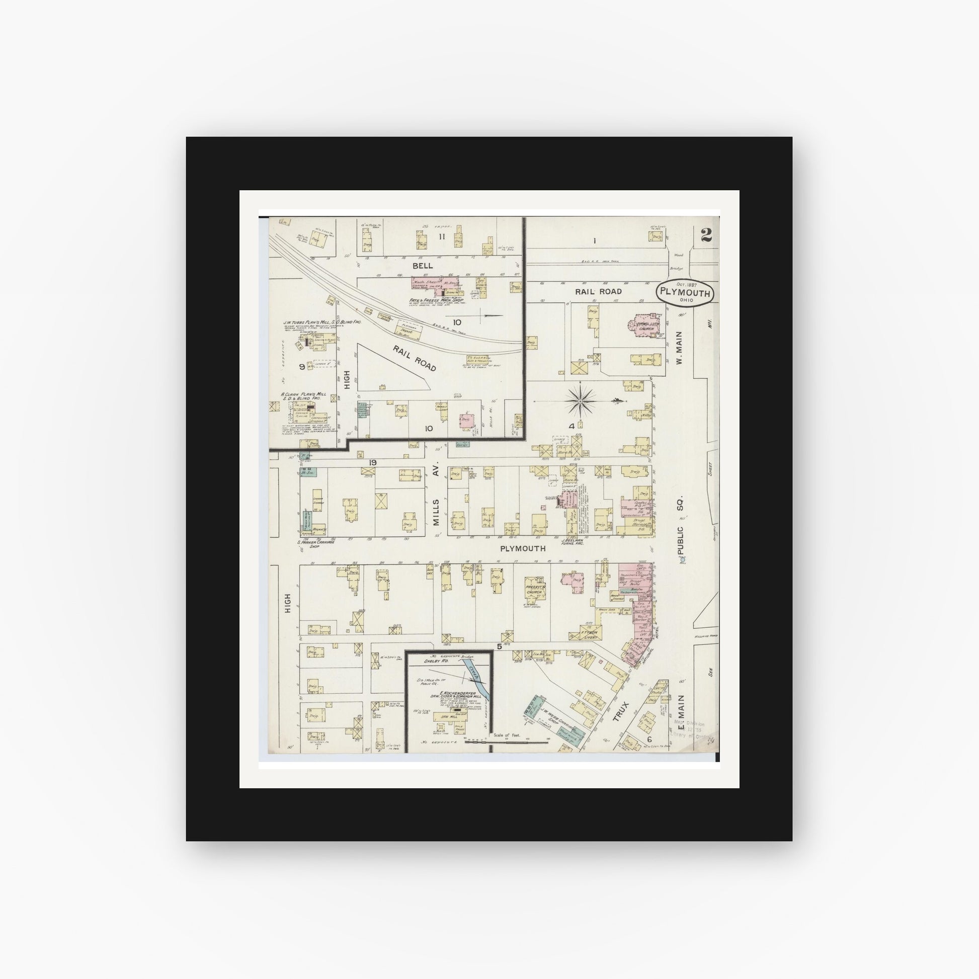 Old map wall art mockup — black gallery frame with white mat — Sanborn Fire Insurance Map from Plymouth, Huron And Richland Counties, Ohio (1887), Sheet #0002