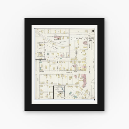 Old map wall art mockup — black gallery frame with white mat — Sanborn Fire Insurance Map from Plymouth, Huron And Richland Counties, Ohio (1887), Sheet #0002