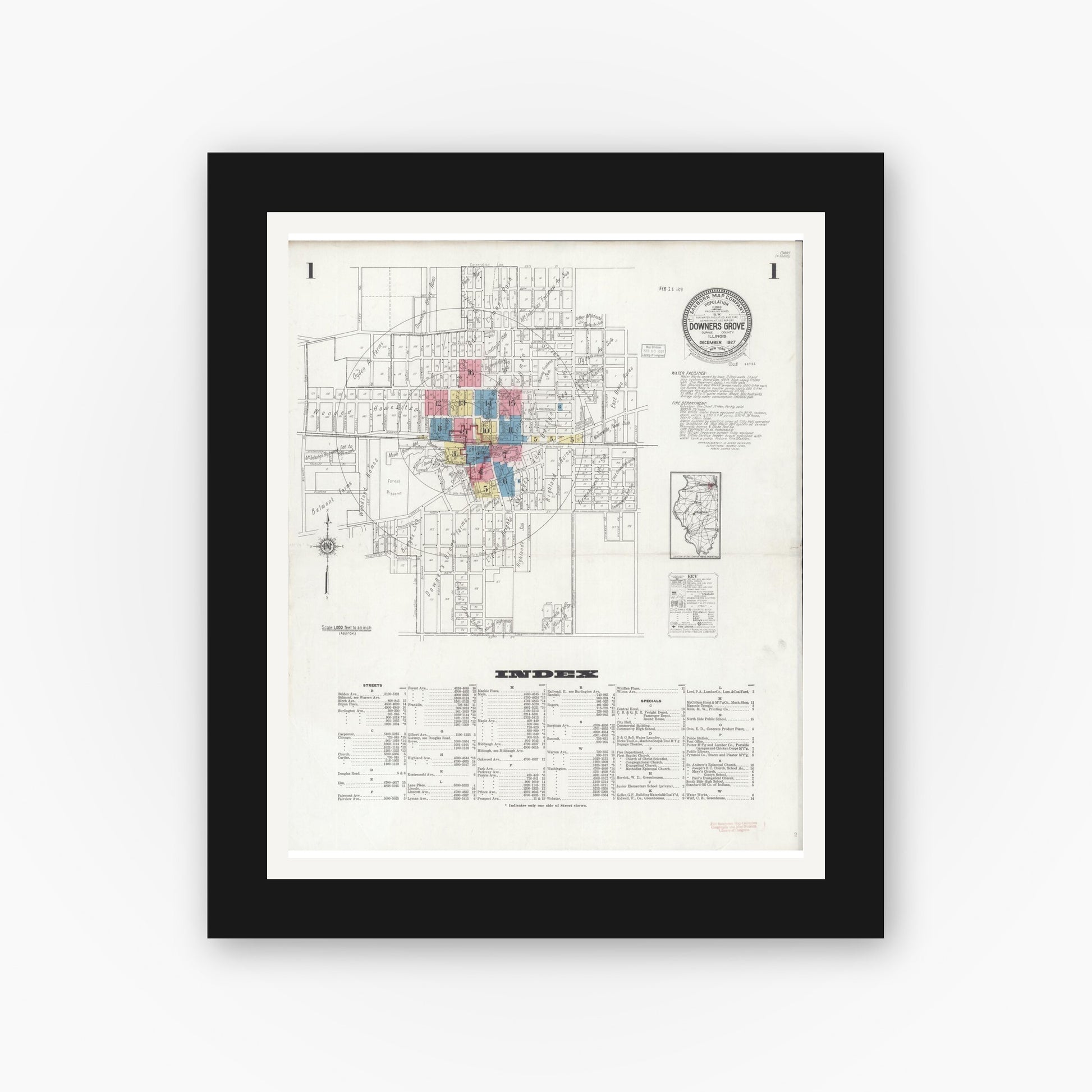 Old map wall art mockup — black gallery frame with white mat — Sanborn Fire Insurance Map from Downers Grove, Dupage County, Illinois (1927) - Complete Map Set