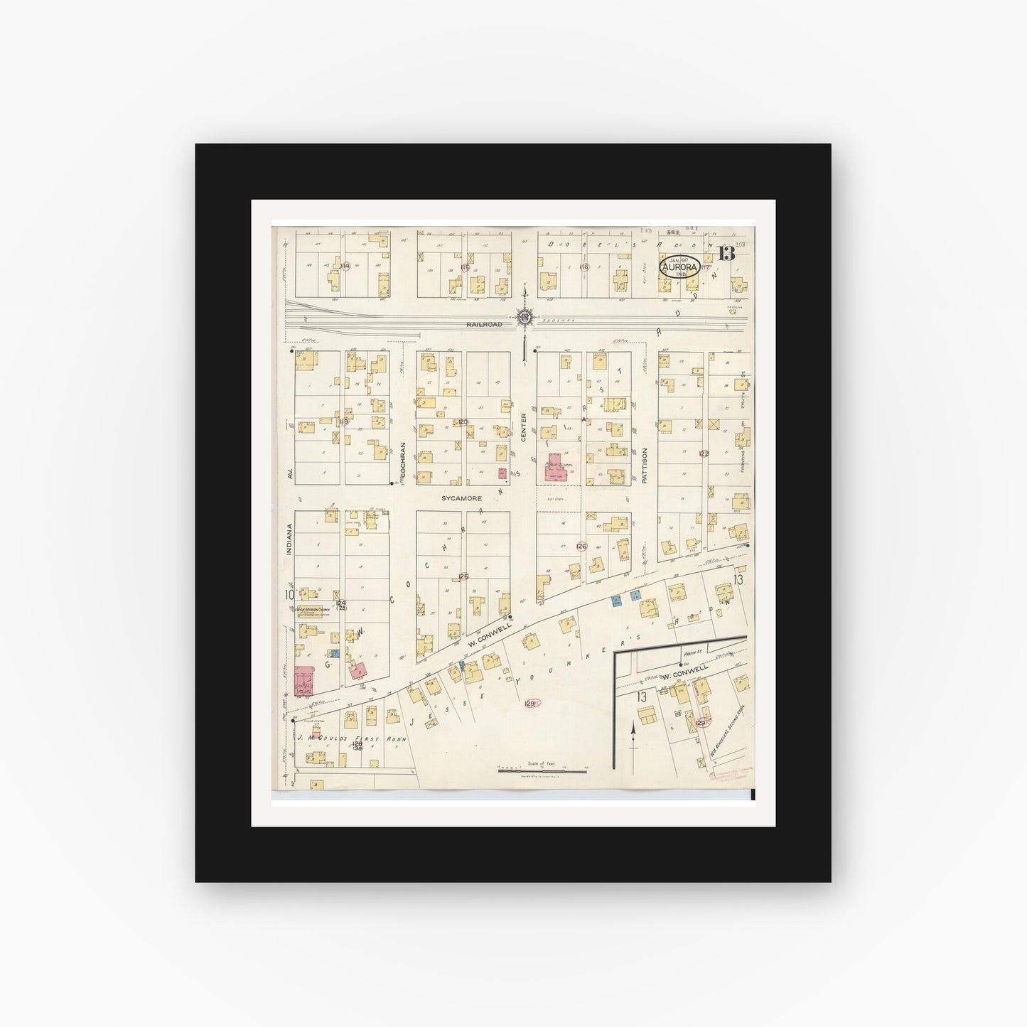 Old map wall art mockup — black gallery frame with white mat — Sanborn Fire Insurance Map from Aurora, Dearborn County, Indiana (1935), Sheet #0013