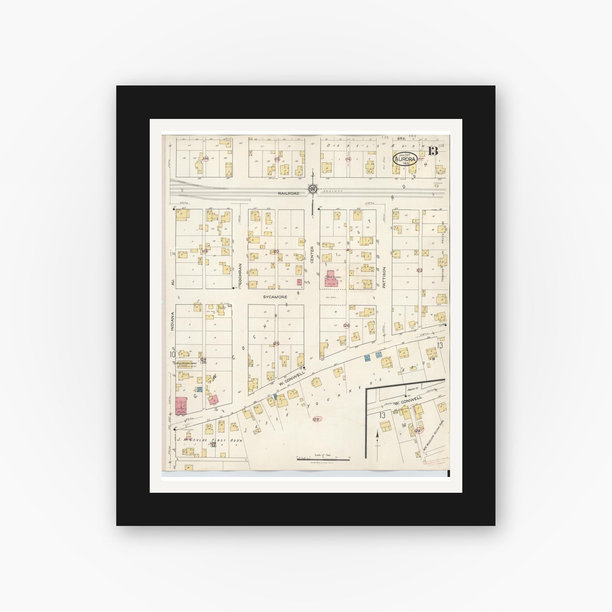 Old map wall art mockup — black gallery frame with white mat — Sanborn Fire Insurance Map from Aurora, Dearborn County, Indiana (1935), Sheet #0013