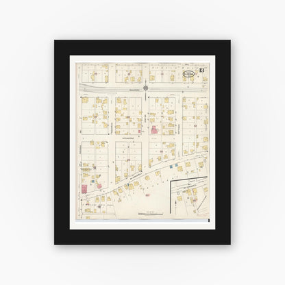 Old map wall art mockup — black gallery frame with white mat — Sanborn Fire Insurance Map from Aurora, Dearborn County, Indiana (1935), Sheet #0013
