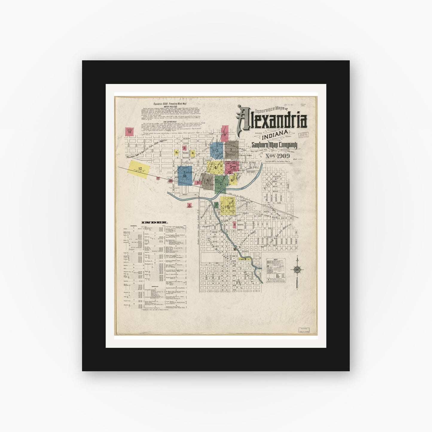 Old map wall art mockup — black gallery frame with white mat — Sanborn Fire Insurance Map from Alexandria, Madison County, Indiana (1909), Sheet #0001