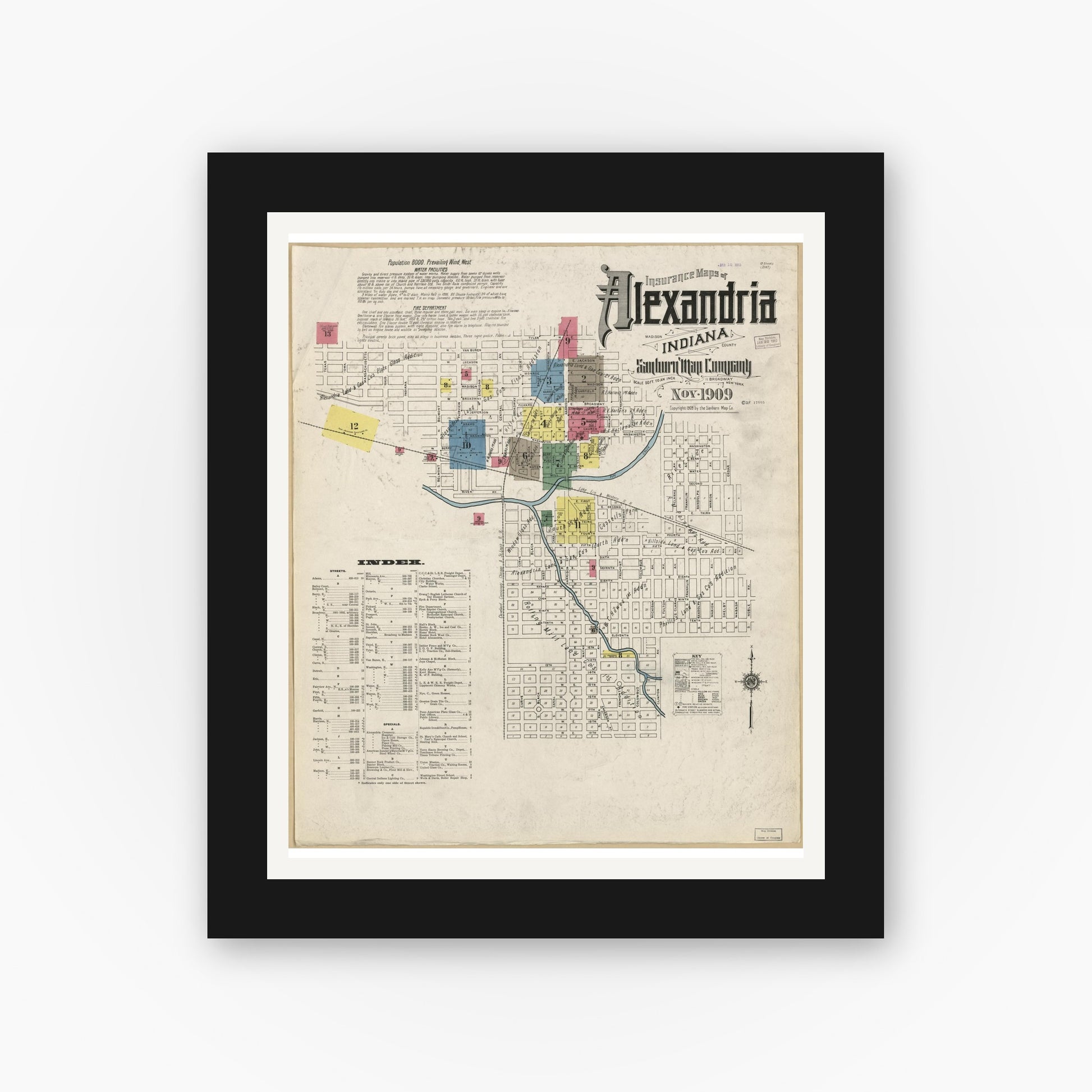 Old map wall art mockup — black gallery frame with white mat — Sanborn Fire Insurance Map from Alexandria, Madison County, Indiana (1909), Sheet #0001