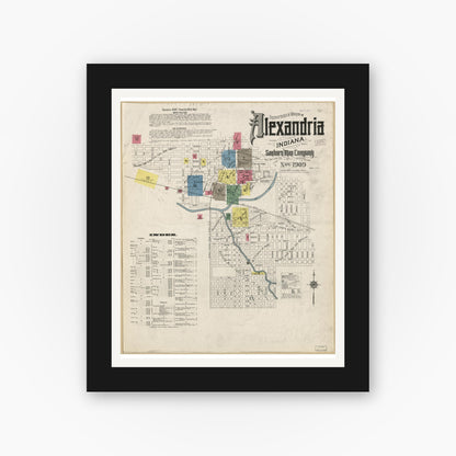 Old map wall art mockup — black gallery frame with white mat — Sanborn Fire Insurance Map from Alexandria, Madison County, Indiana (1909), Sheet #0001