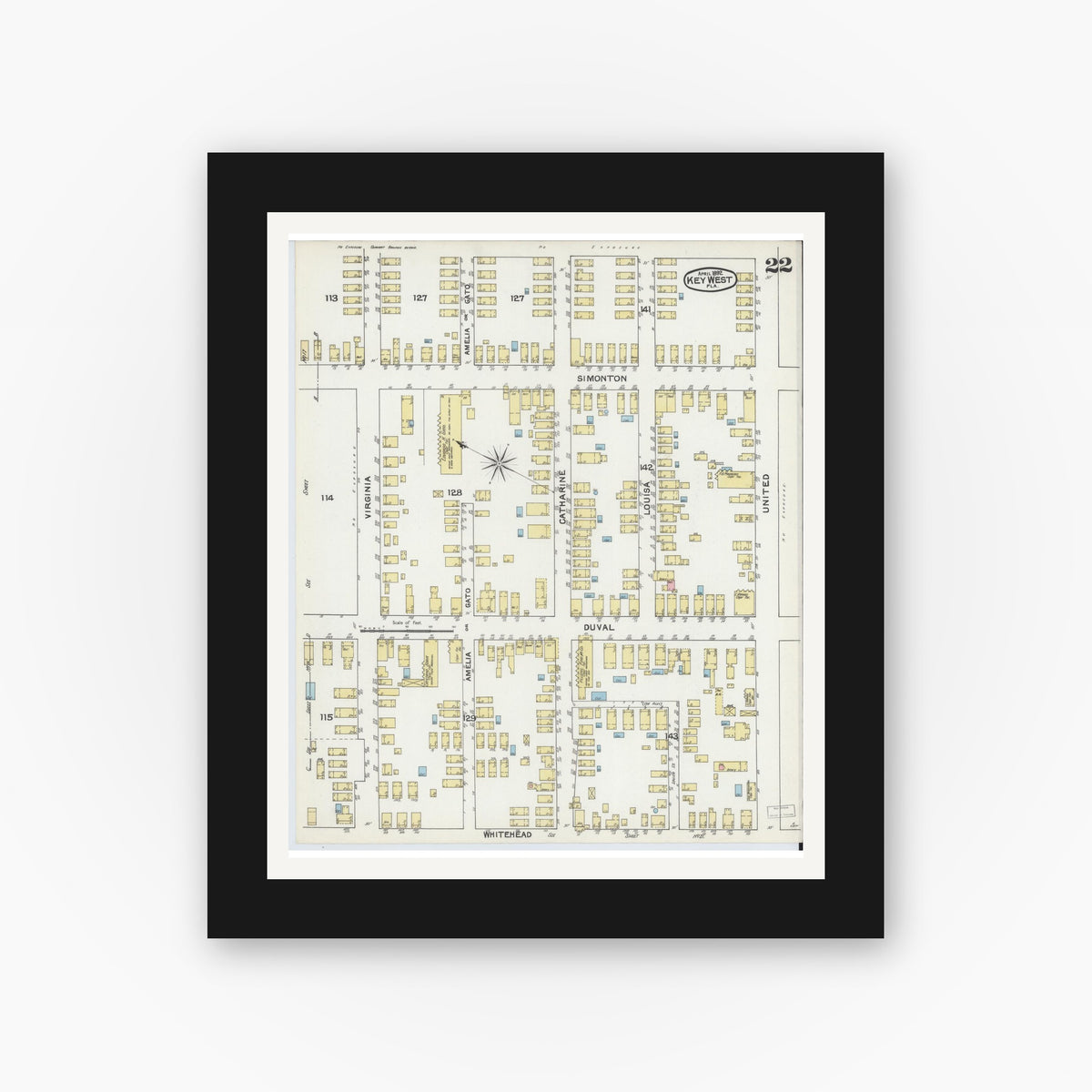 Old map wall art mockup — black gallery frame with white mat — Sanborn Fire Insurance Map from Key West, Monroe County, Florida (1892), Sheet #0022