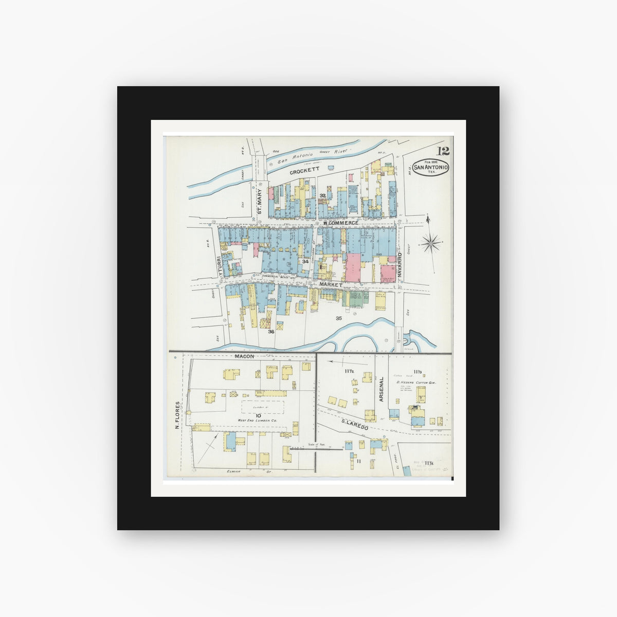 Old map wall art mockup — black gallery frame with white mat — Sanborn Fire Insurance Map from San Antonio, Bexar County, Texas (1892), Sheet #0012