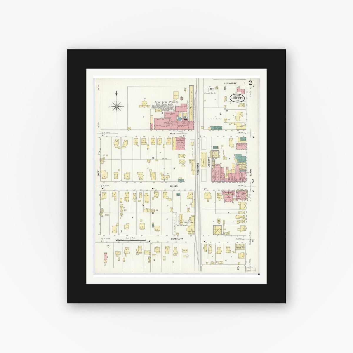 Old map wall art mockup — black gallery frame with white mat — Sanborn Fire Insurance Map from Liberty, Union County, Indiana (1909), Sheet #0002