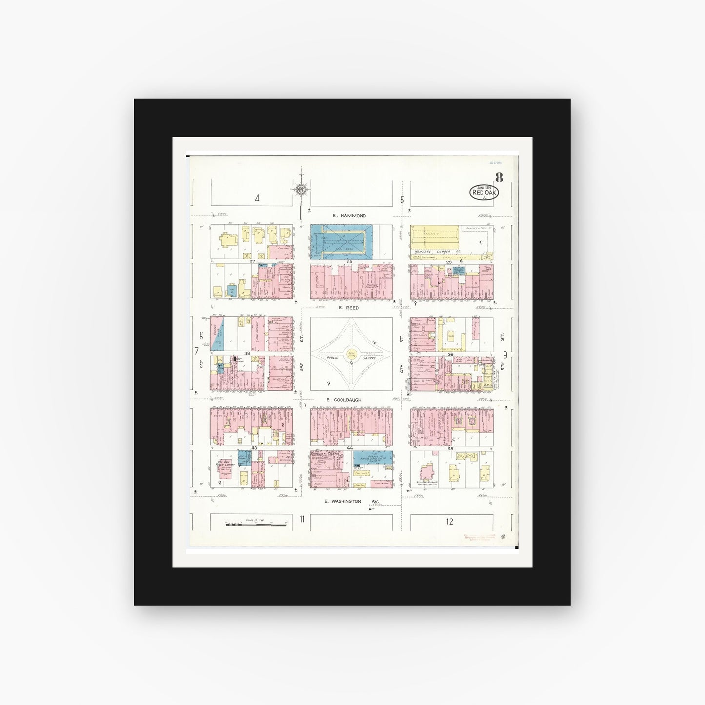 Old map wall art mockup — black gallery frame with white mat — Sanborn Fire Insurance Map from Red Oak, Montgomery County, Iowa (1914), Sheet #0008