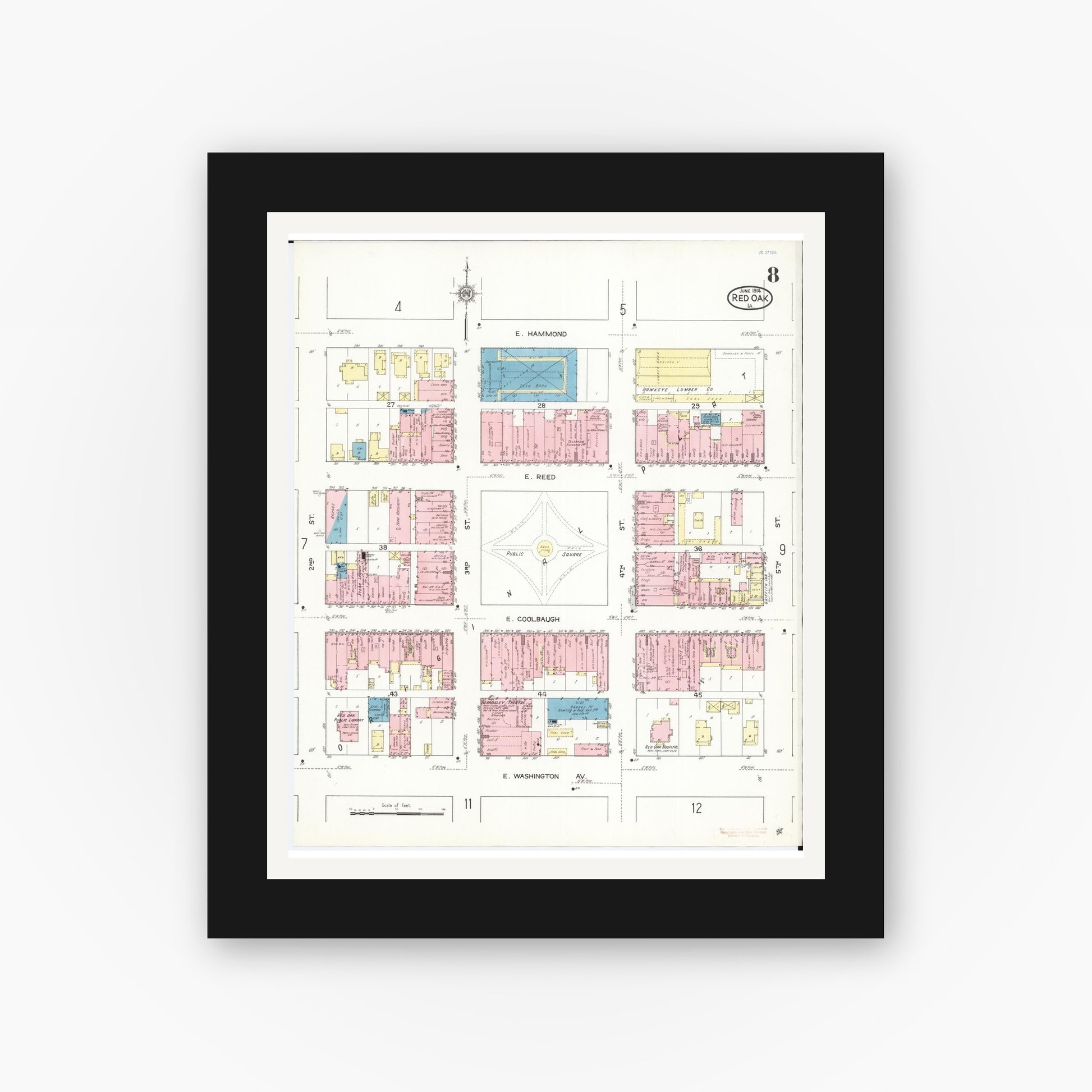 Old map wall art mockup — black gallery frame with white mat — Sanborn Fire Insurance Map from Red Oak, Montgomery County, Iowa (1914), Sheet #0008