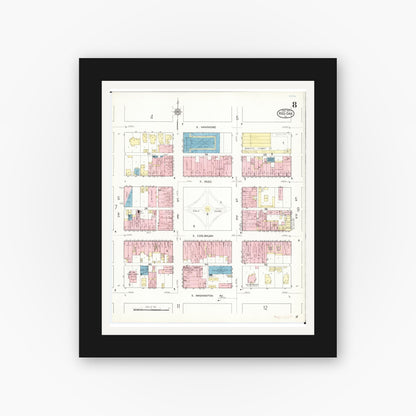 Old map wall art mockup — black gallery frame with white mat — Sanborn Fire Insurance Map from Red Oak, Montgomery County, Iowa (1914), Sheet #0008