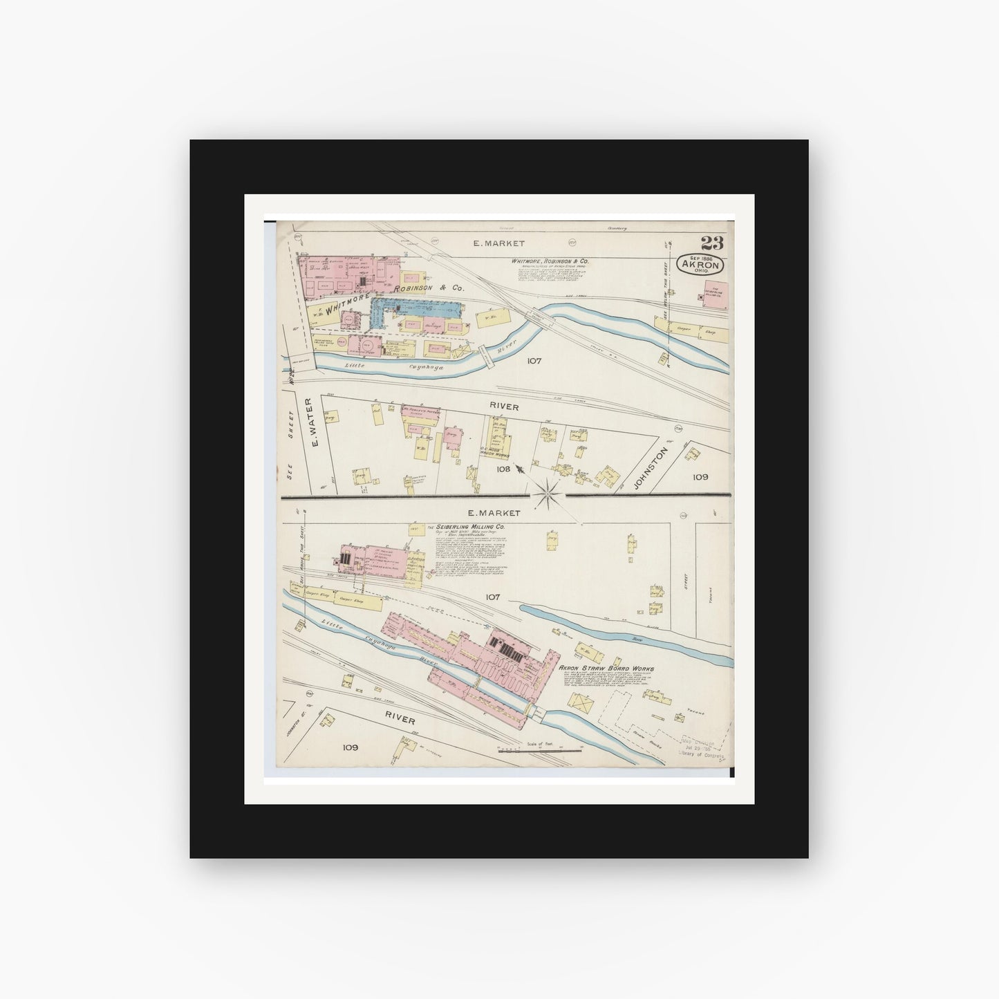 Old map wall art mockup — black gallery frame with white mat — Sanborn Fire Insurance Map from Akron, Summit County, Ohio (1886), Sheet #0023