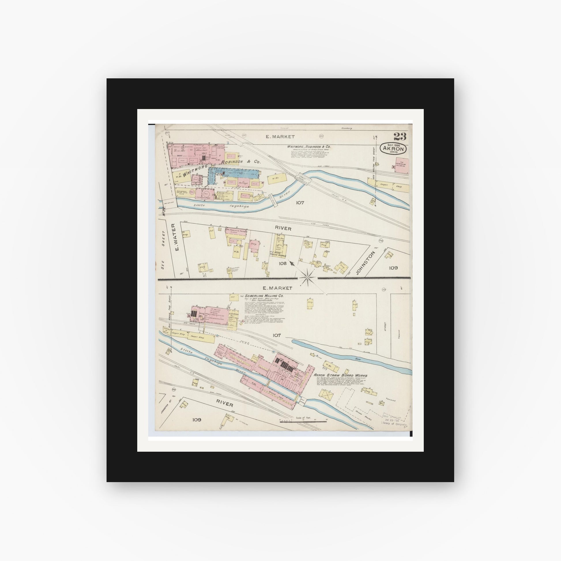 Old map wall art mockup — black gallery frame with white mat — Sanborn Fire Insurance Map from Akron, Summit County, Ohio (1886), Sheet #0023