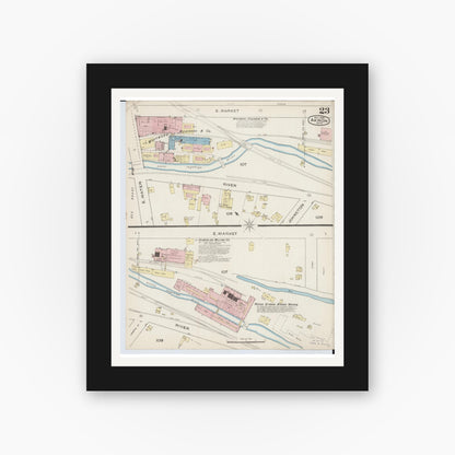 Old map wall art mockup — black gallery frame with white mat — Sanborn Fire Insurance Map from Akron, Summit County, Ohio (1886), Sheet #0023