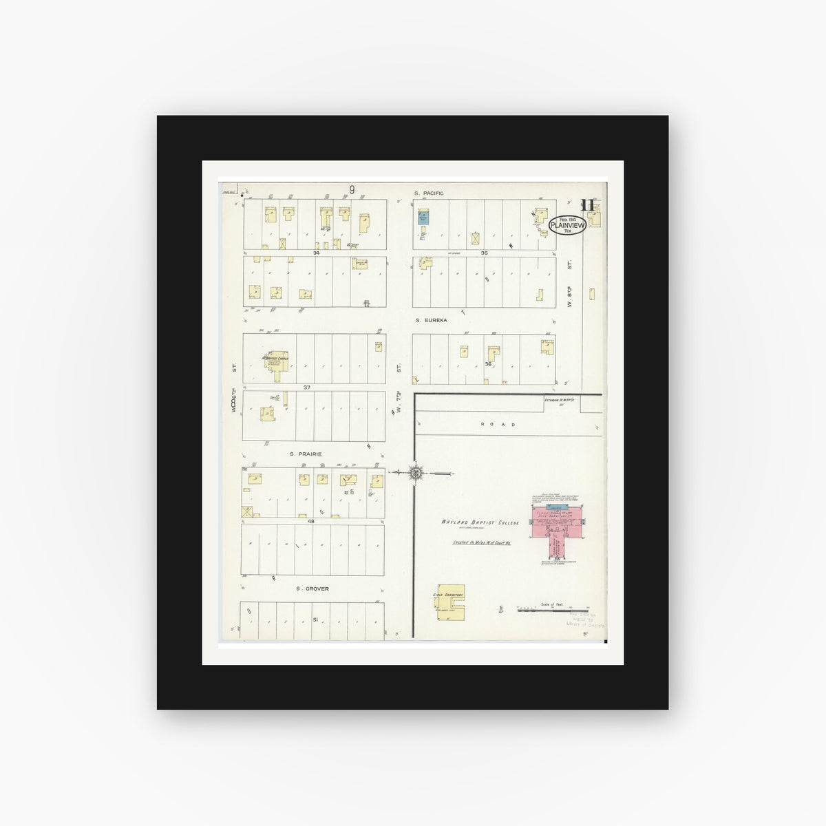 Old map wall art mockup — black gallery frame with white mat — Sanborn Fire Insurance Map from Plainview, Hale County, Texas (1914), Sheet #0011