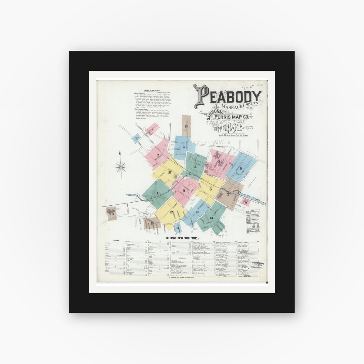 Old map wall art mockup — black gallery frame with white mat — Sanborn Fire Insurance Map from Peabody, Essex County, Massachusetts (1892), Sheet #0001