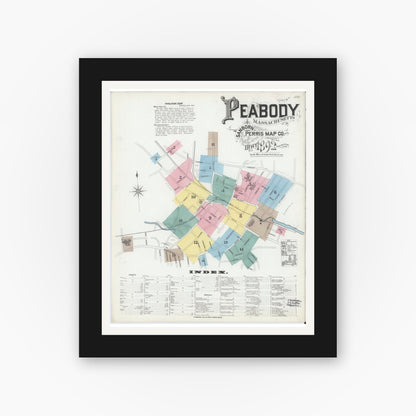Old map wall art mockup — black gallery frame with white mat — Sanborn Fire Insurance Map from Peabody, Essex County, Massachusetts (1892), Sheet #0001