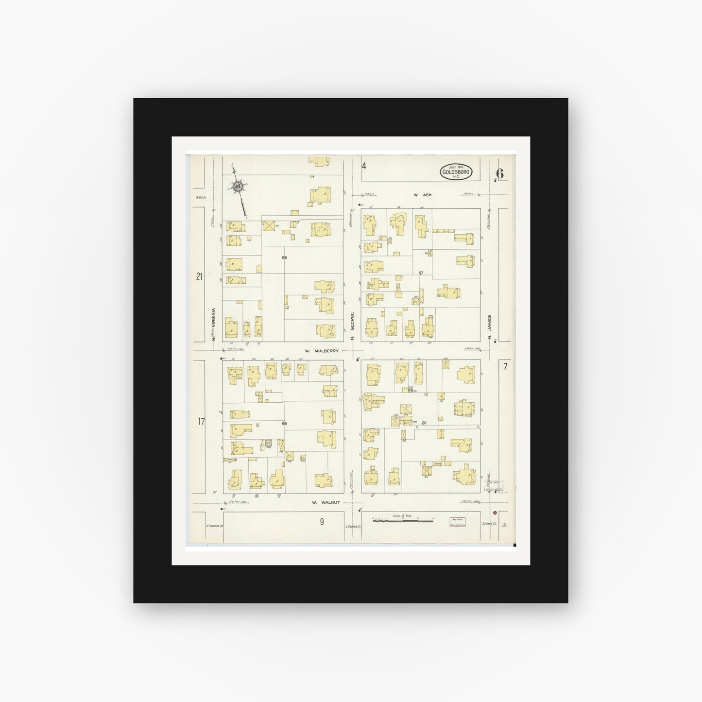 Old map wall art mockup — black gallery frame with white mat — Sanborn Fire Insurance Map from Goldsboro, Wayne County, North Carolina (1913), Sheet #0006