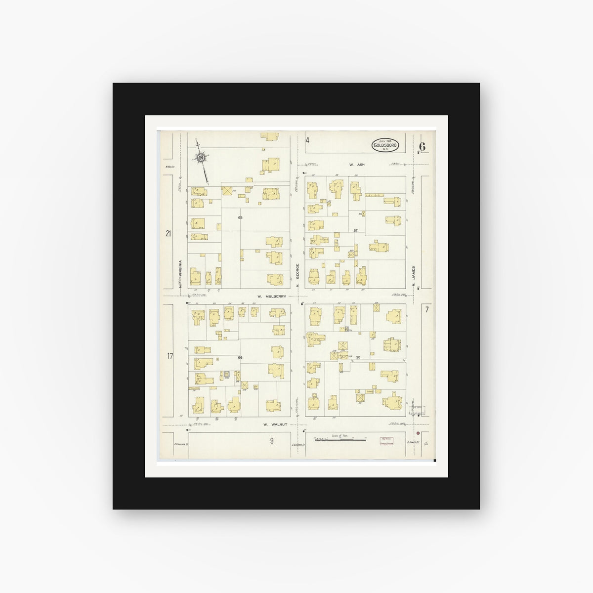 Old map wall art mockup — black gallery frame with white mat — Sanborn Fire Insurance Map from Goldsboro, Wayne County, North Carolina (1913), Sheet #0006