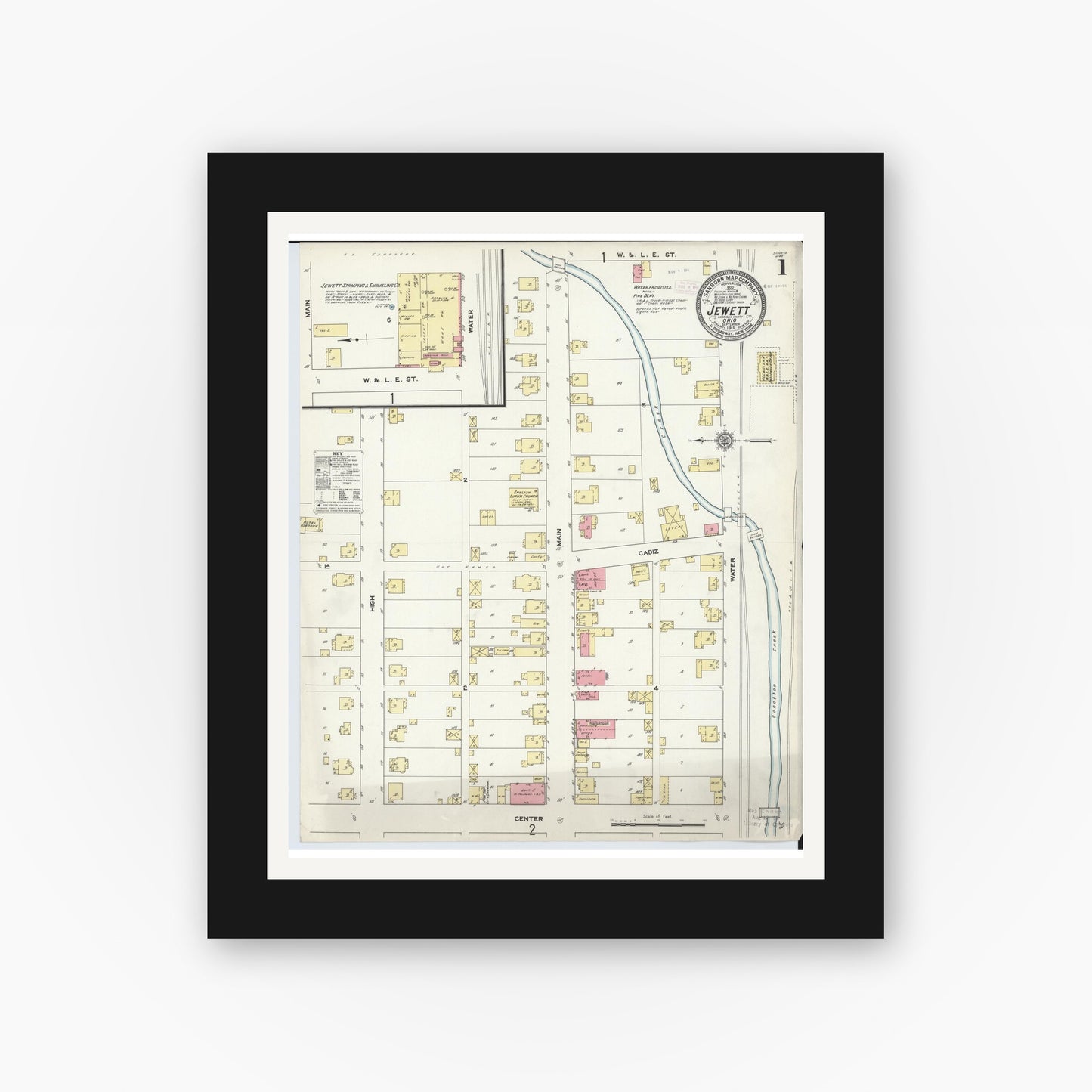 Old map wall art mockup — black gallery frame with white mat — Sanborn Fire Insurance Map from Jewett, Harrison County, Ohio (1911), Sheet #0001